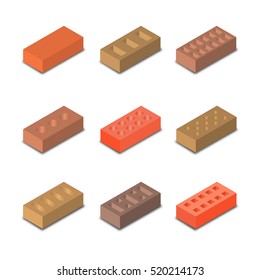 Set of nine different shapes isometric bricks, design elements construction materials, isolated on a white background, vector illustration.