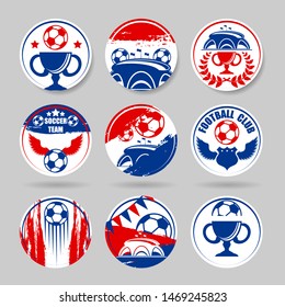 Set of nine different soccer sport stickers isolated on gray background