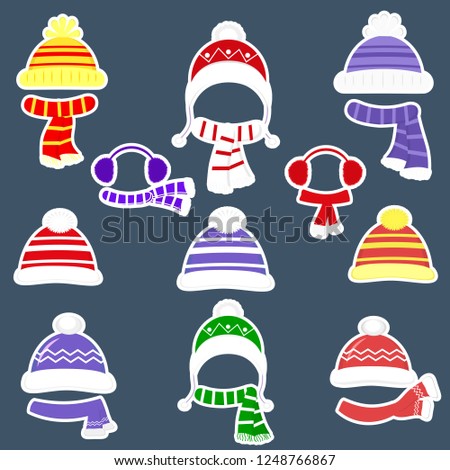 Set of nine different stickers of hats and scarves for boys and girls in cold weather or for sports in a white stroke on a dark background. Clothes for winter and autumn. Flat style, vector.