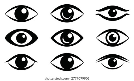 A set of nine different stylized eye icons in black, showcasing various expressions and details, isolated on white background