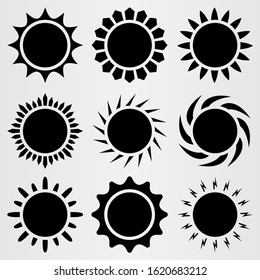 Set of nine different suns. Set for the design of various works, brochures, posters, etc. Vector illustration.