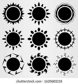 Set of nine different suns. Set for the design of various works, brochures, posters, etc. Vector illustration.