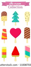 Set of nine different sweet ice cream on white background and pink ribbon with text. Flat style, vector illustration.