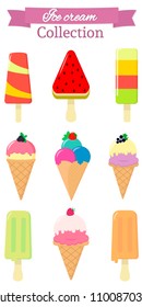 Set of nine different sweet ice cream on white background and pink ribbon with text. Flat style, vector illustration.