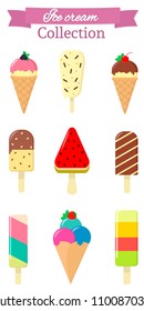 Set of nine different sweet ice cream on white background and pink ribbon with text. Flat style, vector illustration.