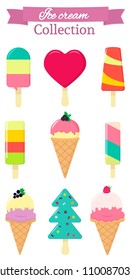 Set of nine different sweet ice cream on white background and pink ribbon with text. Flat style, vector illustration.