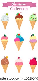 Set of nine different sweet ice cream on white background and pink ribbon with text. Flat style, vector illustration.
