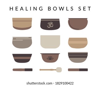 Set of nine different tibetan singing bowls and three resonators isolated on white background. Ayuverda, meditation and relaxation. Vector flat illustration 