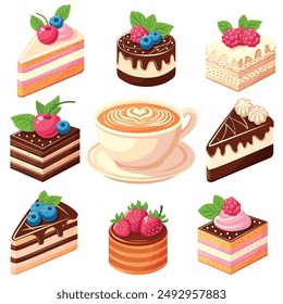 A set of nine different types of cakes and a cup of coffee. The cakes are arranged in a row, with some of them having blueberries and strawberries on top