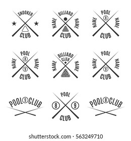 Set of nine different types of emblems billiards, pool, snooker, isolated on white background in retro style, vector illustration.