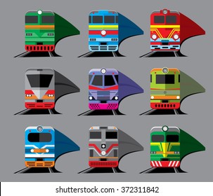set of nine different types of locomotives isolated on gray background. Front view. Vector illustration