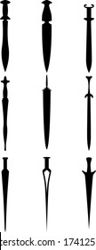A set of nine different types of medieval and game swords. Illustration for various purposes of icons, brochures, banners, logos. Vector illustration.