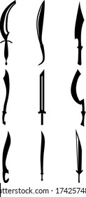Eine Reihe von neun verschiedenen Arten von mittelalterlichen und Spiel Schwertern. Illustration für verschiedene Zwecke von Ikonen, Broschüren, Bannern, Logos. Vector-Abbildung.