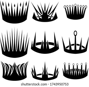 A set of nine different types of medieval crowns. Illustration for various purposes of icons, brochures, banners, logos. Vector illustration.