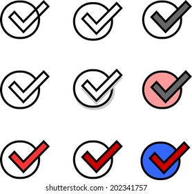 Set of nine different vector check marks or ticks in boxes conceptual of confirmation acceptance positive passed voting agreement true or completion of tasks on a list. For web design. 