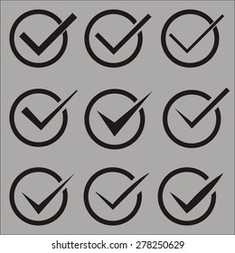 Set of nine different vector check marks or ticks in circles conceptual of confirmation acceptance positive passed voting agreement true or completion of tasks on a list