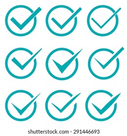 Set of nine different vector check marks or ticks in circles conceptual of confirmation acceptance positive passed voting agreement true or completion of tasks on a list