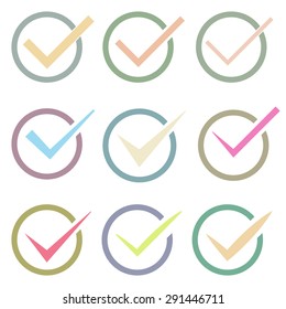 Set of nine different vector check marks or ticks in circles conceptual of confirmation acceptance positive passed voting agreement true or completion of tasks on a list