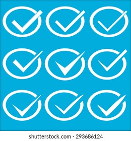 Set of nine different vector check marks or ticks in oval. Conceptual of confirmation, acceptance, positive, passed, voting, agreement, true or completion of tasks on a list.