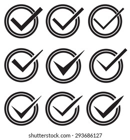 Set of nine different vector check marks or ticks in oval. Conceptual of confirmation, acceptance, positive, passed, voting, agreement, true or completion of tasks on a list.