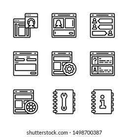 set of nine digital media page and book line style icon for web, business, computer network, commerce, industry