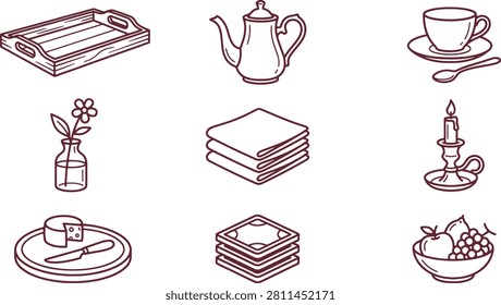 Set of nine dining and kitchen featuring a wooden serving tray, teapot, teacup with spoon, flower vase, folded napkins, candle, cheese, coasters
