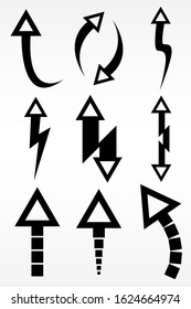 Set of nine directional arrows. Arrows in unusual styles. Vector illusion.
