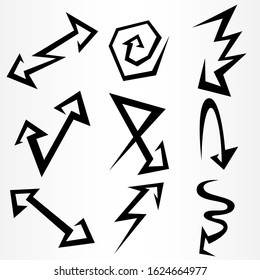Set of nine directional arrows. Arrows in unusual styles. Vector illusion.