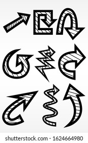 Set of nine directional arrows. Arrows in unusual styles. Vector illusion.