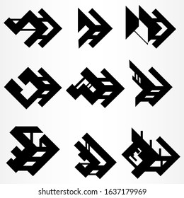 Set of nine directional arrows. Arrows in unusual styles. Vector illusion.