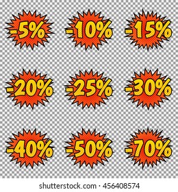 Set of nine discount labels. Pop art, comic books style. Vector, isolated, eps 10.