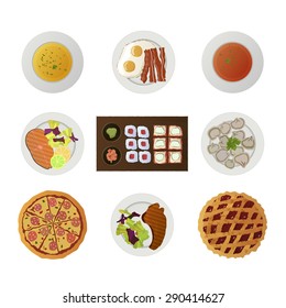 Set of nine dishes from different world kitchens, icons isolated on white