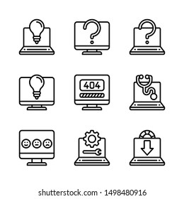 set of nine display monitor problem, fix, and solve line style icon for web, business, commerce, computer network, industry