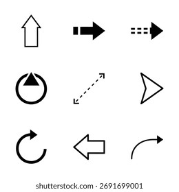 Ein Satz von neun verschiedenen Pfeilformen, perfekt für die Anzeige von Bewegung, Richtung oder Auswahl. Diese klaren Symbole eignen sich ideal für digitale Schnittstellen und Grafikdesign-Projekte.