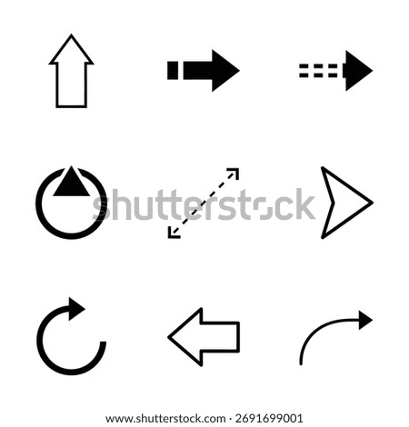 A set of nine distinct arrow shapes, perfect for indicating movement, direction, or selection. These clean and clear icons are ideal for digital interfaces and graphic design projects.