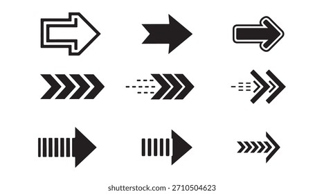 A set of nine distinct black arrow symbols pointing to the right, featuring various styles like outline, solid, chevron, and striped designs, perfect for navigation.