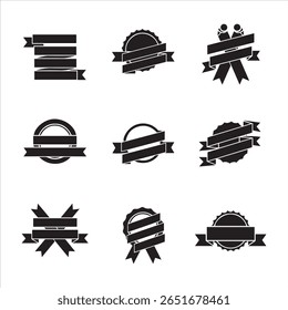 A set of nine distinct black award seals and ribbon designs presented on a clean white backdrop.