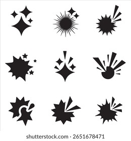 A set of nine distinct black graphic symbols representing bursts, sparkles, and explosions on a white background.