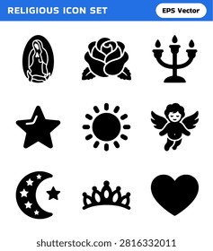 A set of nine distinct black icons representing various religious, celestial, and symbolic elements, suitable for digital and print design applications.