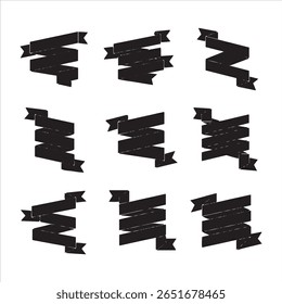 A set of nine distinct black ribbon shapes, each with unique folds and pointed tails.