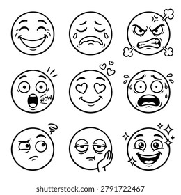 A set of nine distinct cartoon faces, each displaying a unique emotion through facial expressions and symbols.