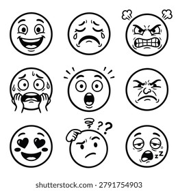 A set of nine distinct cartoon faces, each illustrating a unique emotion through its expression and features