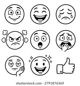 A set of nine distinct cartoon faces each displaying a unique emotion or reaction with clear line art