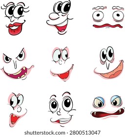 A set of nine distinct cartoon faces, each displaying a unique emotion or expression with exaggerated features.
