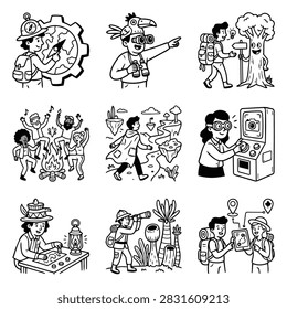 A set of nine distinct cartoon illustrations depicting people exploring nature, playing games, and enjoying leisure time outdoors