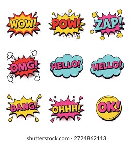 Eine Reihe von neun verschiedenen Sprechblasen im Comic-Stil, die jeweils ein anderes Wort oder einen anderen Soundeffekt in fett gedruckter Schrift aufweisen und in hellen, kontrastierenden Farben wiedergegeben werden.