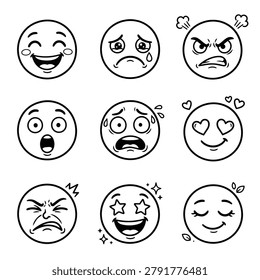 A set of nine distinct emoji faces, each illustrating a unique emotion through simple line art.