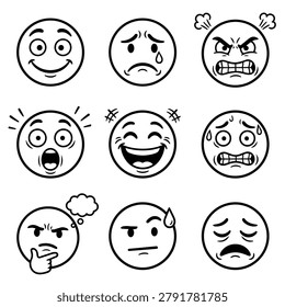 A set of nine distinct emoji faces drawn in a simple black and white line art style, each conveying a unique emotion.