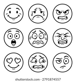 A set of nine distinct emoji faces showing various emotions like happiness sadness anger surprise fear and love