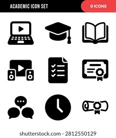 A set of nine distinct flat design icons representing various aspects of education and academic pursuits, including technology, learning, and achievement.